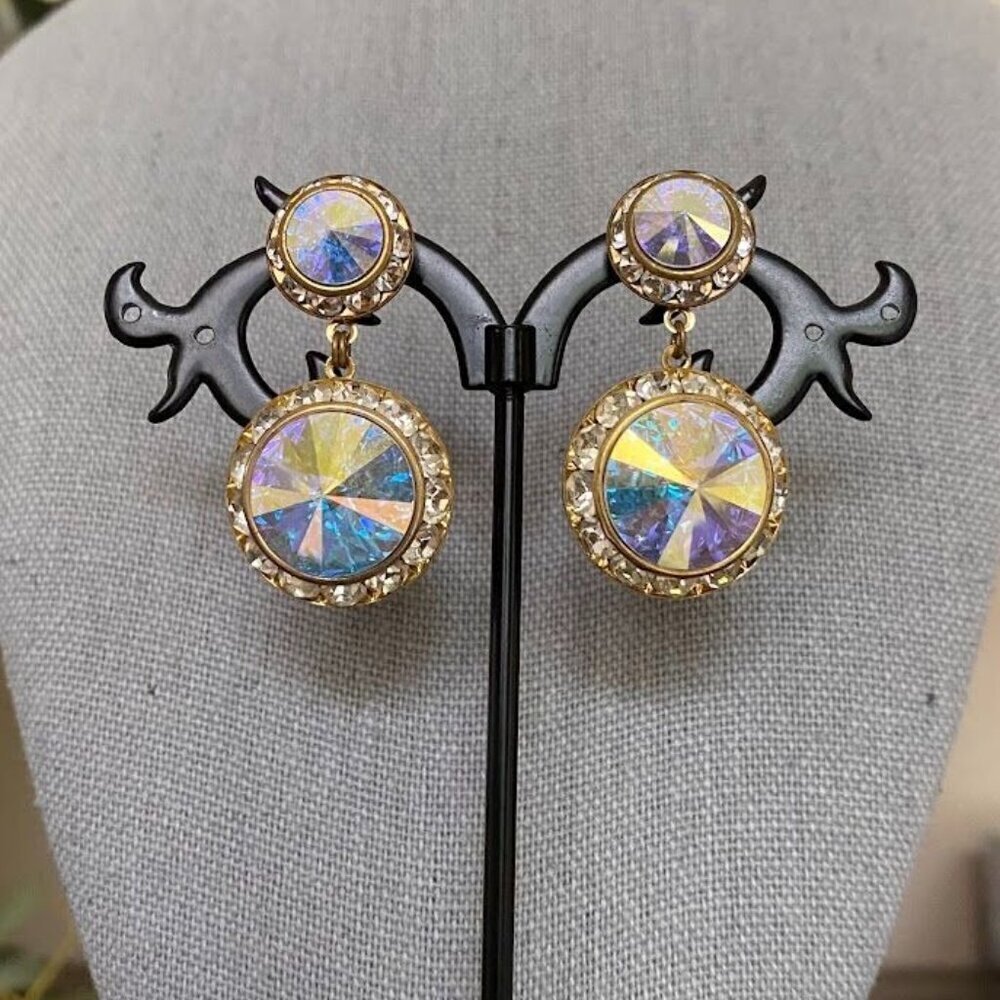 Vintage Aurora Borealis AB Rivoli Crytal Drop Earrings